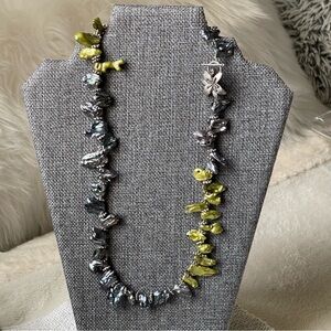Green Black Peacock Biwa Stick Freshwater Pearl Silver Tone 22" Long Necklace